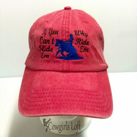 Embroidered Cap Red Washed Denim ' If You Can't Slide 'Em Why Ride 'Em front